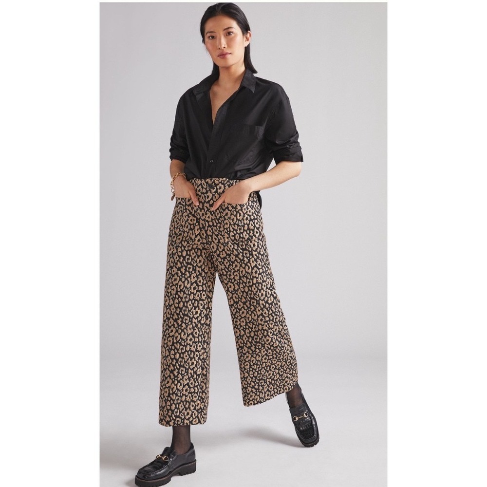Maeve x Anthropologie Leopard Brocade‎ Wide Leg Cropped Pants Black Tan 18W